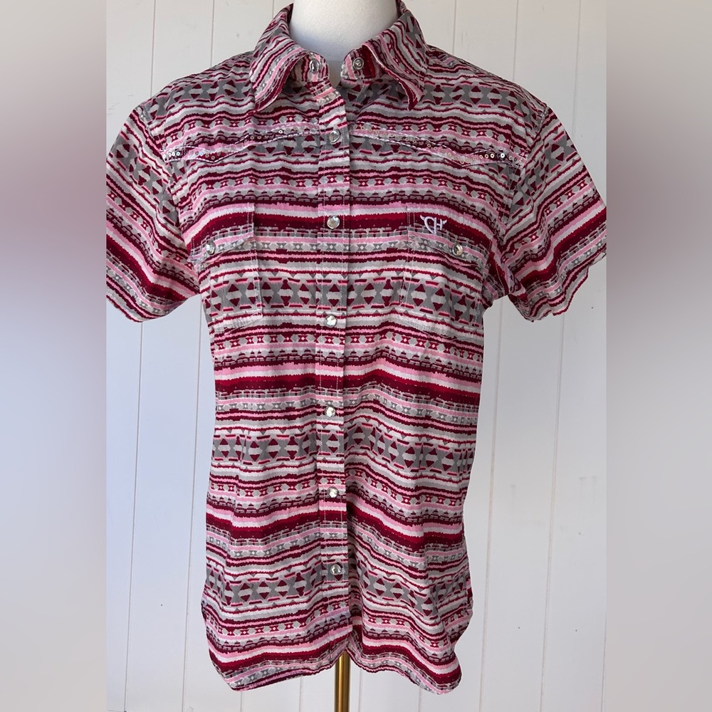 Cowgirl Hardware Western Style Shirt Rhinestone Snaps Short Sleeves Size Large